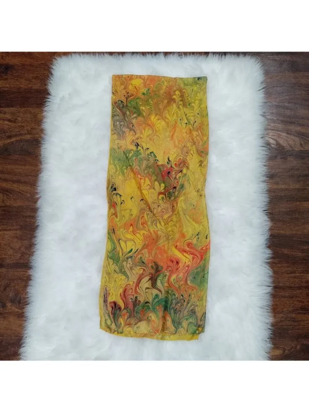 Vintage Sunny Rainbow Dyes Hand-Marbled Silk Scarf Neckwear Multicolor Length 28